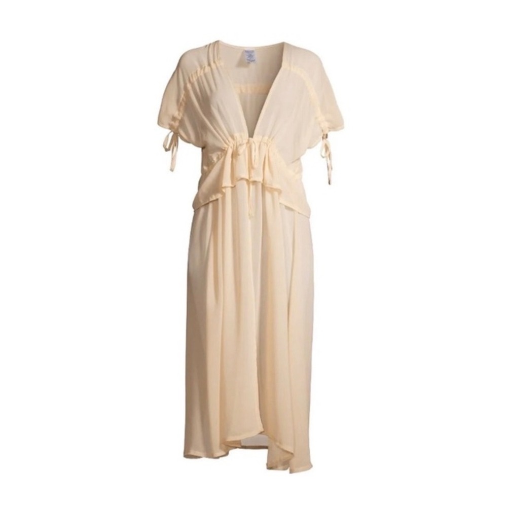 Kimono Beach Cover Up Beige V-Neck Drawstring Waist Ruffle Trim NWT L-XL